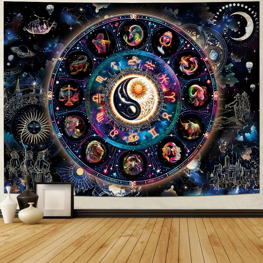 Lahasbja Blacklight Constellation Tapestry UV Reactive Sun and Moon Tapestries Spiritual Zodiac Astrology Wall Tapestries Galaxy Wall Decor Mystic Yin Yang Wall Hanging for Bedroom