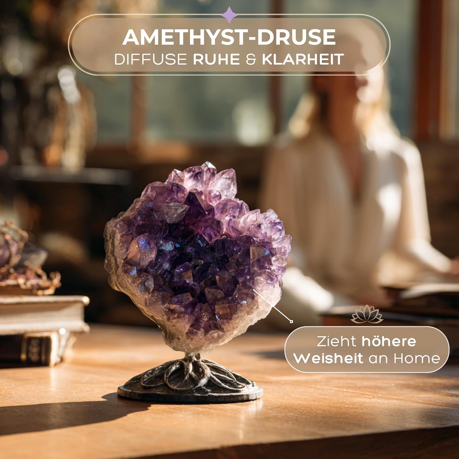 Anima Premium Amethyst Stone Set - Amethyst Tower, Cluster and Raw Crystal - Large Crystals and Healing Stones in Wooden Box - Ideal Spiritual Gift for Women for Meditation and Restful Sleep