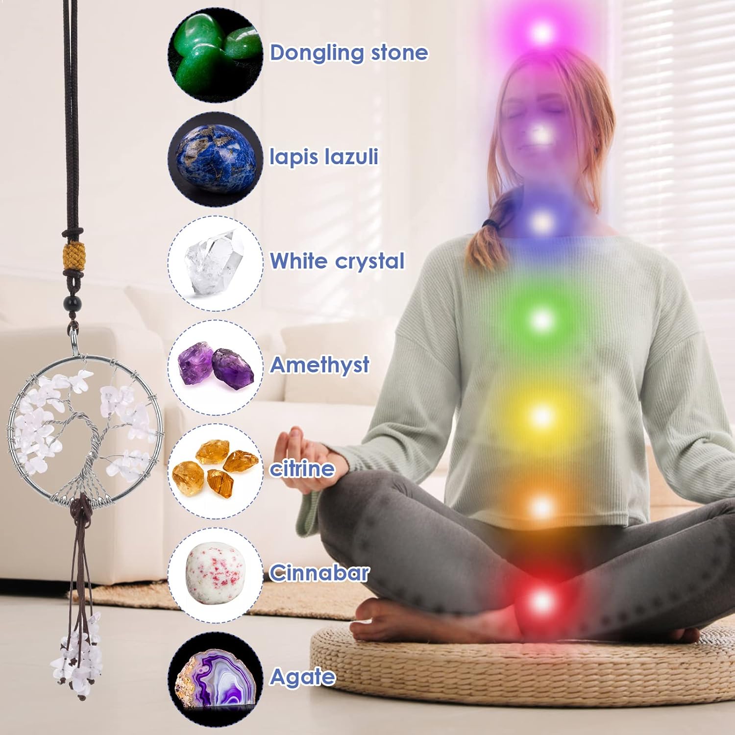 Cobee Tree of Life Hanging Ornament for Car Rear View Mirror, 7 Chakra Stones, Healing Crystal Stone Pendant, Car Interior, Reiki, Good Luck, Meditation, Window Decoration (White)