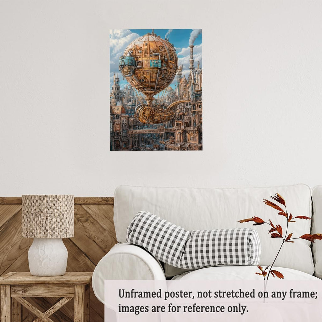 Steampunk Airship Canvas Wall Art Vintage Cityscape Illustration with Metallic Airship and Ornate Buildings Fantasy Sci-Fi Print for Office Lounge Studio Posters 11x14in Unframed