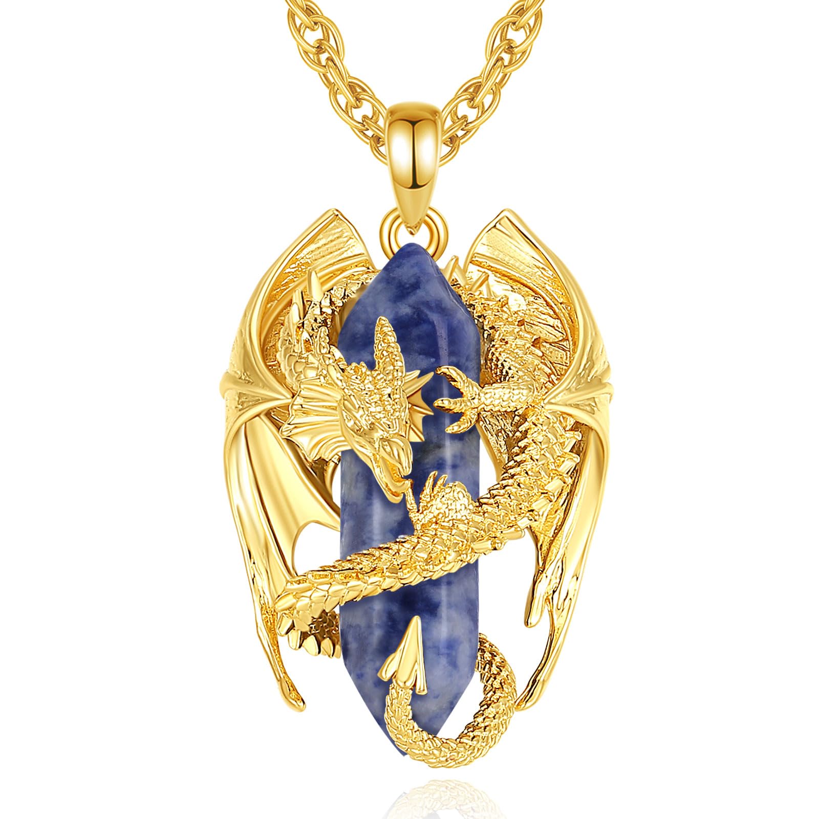 INFUSEU Kristall Drachen Kette, Nordischer Drache Gewickelter Zylinder Edelstein Kristall Anhänger Sechseckiger Heilkristall Anhänger Gothic Naturkristall-Schmuck Geschenk für Männer Frauen