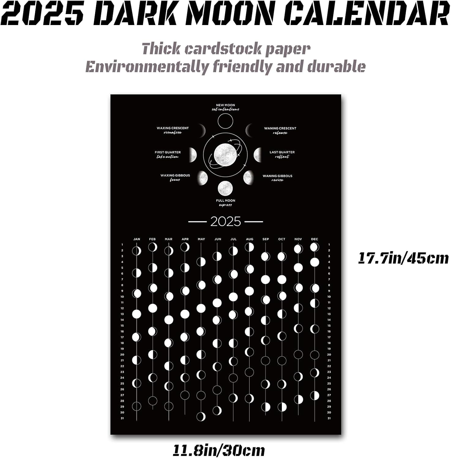 Mondkalender 2025, 2025, Mondphasenkalender, Wandposter, Astrologie-Dekoration, Mondverfolgung, dunkles Mond-Wandposter, Wanddekoration und Kunst (30,5 x 45,1 cm, ungerahmt)