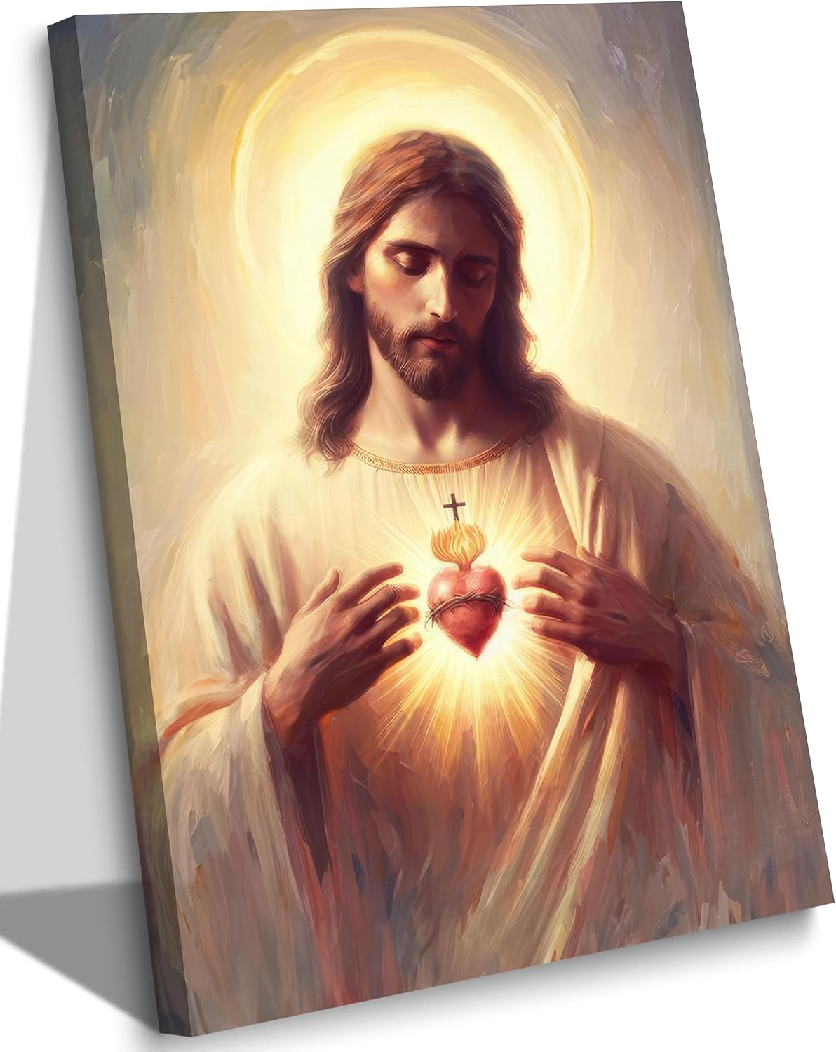 Jesus Sacred Heart Canvas Wall Art Painting Christian Poster Print Divine Mercy Picture Religious Spiritual Wall Decor for Bedroom Living Room 16x24in Framed