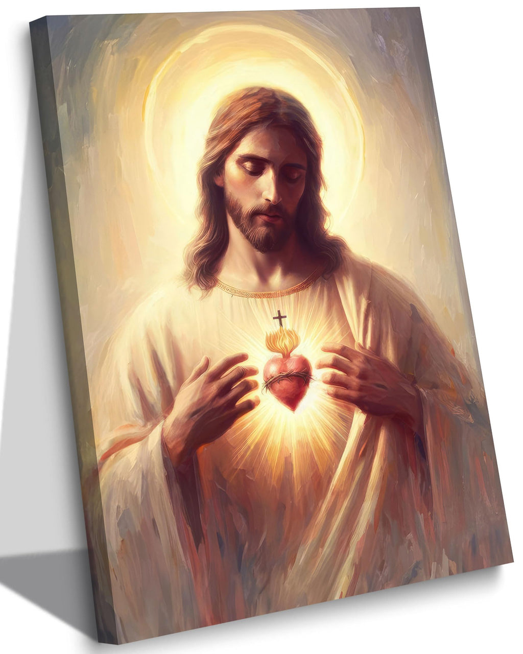 Jesus Sacred Heart Canvas Wall Art Painting Christian Poster Print Divine Mercy Picture Religious Spiritual Wall Decor for Bedroom Living Room 16x24in Framed