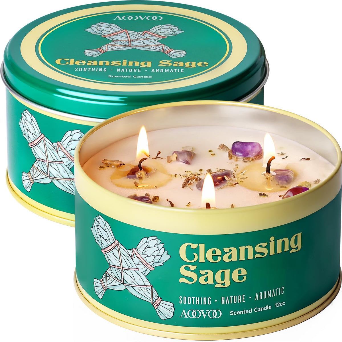 AOOVOO Sage Candle for Cleansing - 3 Wick 12oz Large Scented Candle with Crystals & Sage Leaves Inside, Soy Candles Non Toxic for Meditation Spiritual Gift, Aromatherapy Candle for Women Men