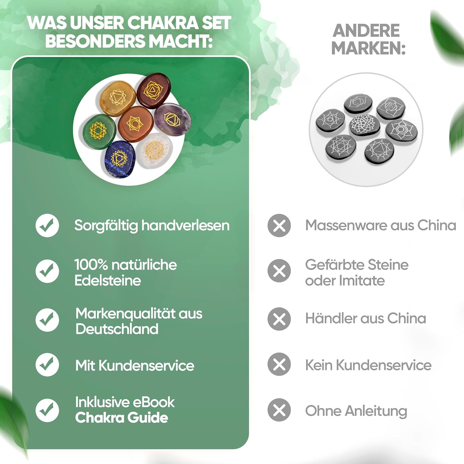 PURAJA Premium Chakra Set mit den 7 wichtigsten Edelsteinen | Heilsteine Set aus echten Edelsteinen | Chakren Steine mit eingravierten Symbolen | Handgefertigte Heilsteine für Meditation