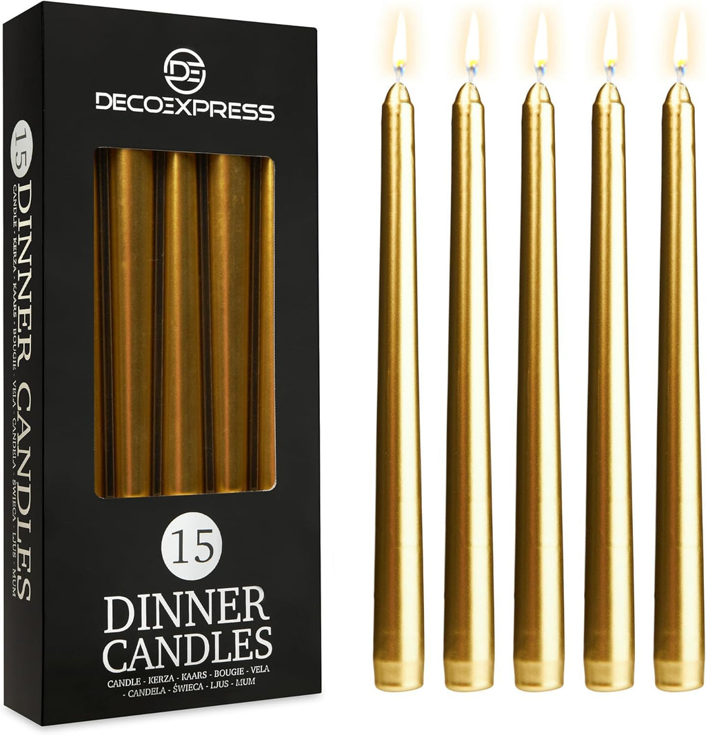 DECO EXPRESS Taper Candles Set of 6, 10, 15 or 50, Long Burning Time up to 8 Hours, Odourless (Purple, Set of 15)