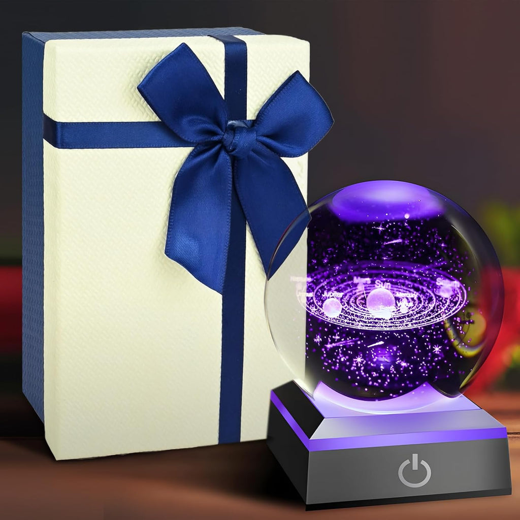 3D Sonnensystem Kristallkugel, 3D Planeten Kristallkugel, Kristallkugel Glaskugel mit 8 cm Led Bunte Nachtlicht Basis, Nachtlicht Dekolampe für Weihnachten Thanksgiving Valentinstag Geburtstag