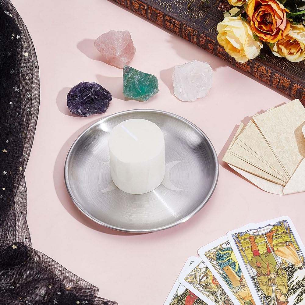 Altar Ritualteller Schüssel Edelstahl Flache Schale Rund Metall Mond Schmucktablett Astrologie Tarot Opferteller Ringhalter
