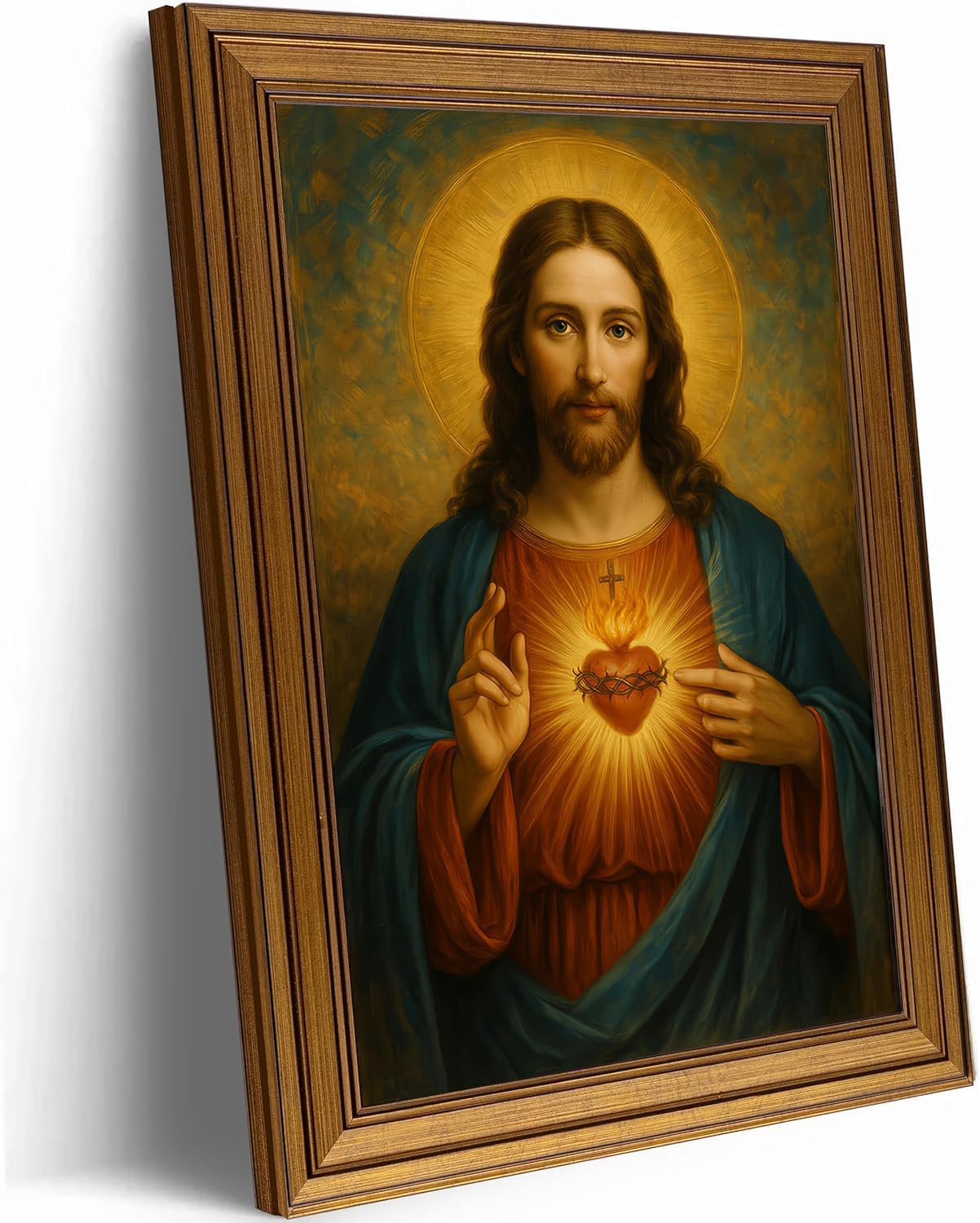 Vintage Gold Framed Wall Art 9x11 Inch Sacred Heart of Jesus Paintings Pictures Wall Decor Christian Canvas Poster Printing Artwork for Living Room Bedroom Prayer Room Home Decoration Ready to Hang