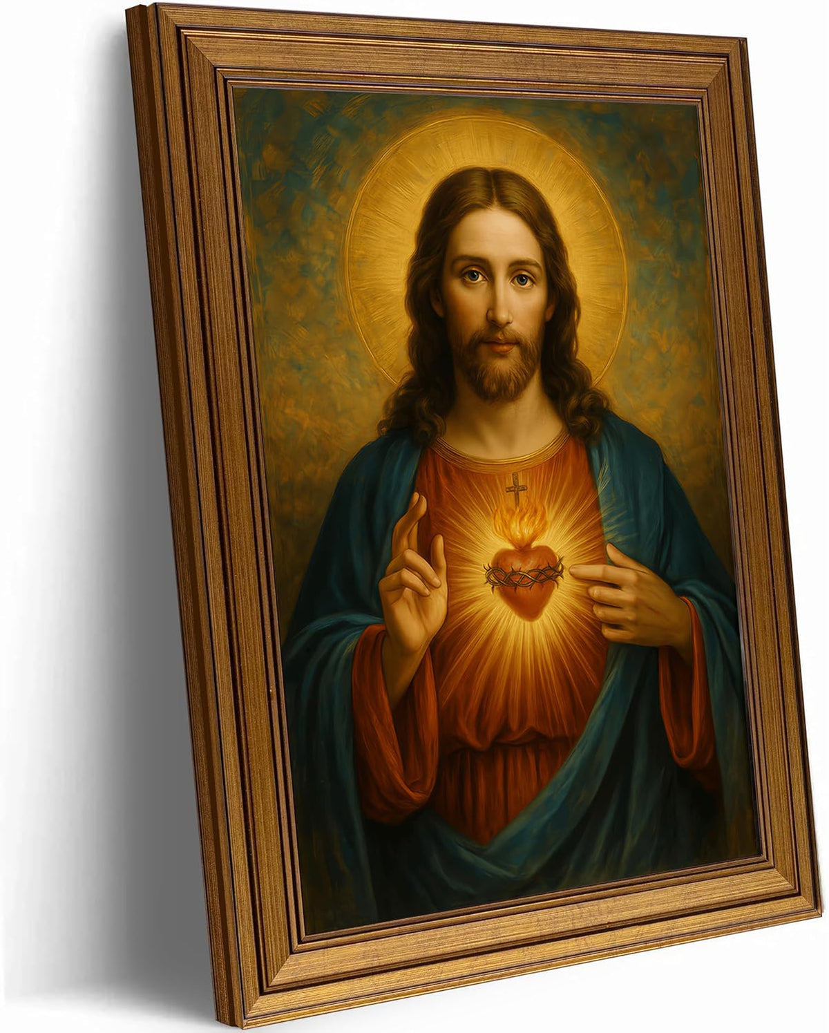 Vintage Gold Framed Wall Art 9x11 Inch Sacred Heart of Jesus Paintings Pictures Wall Decor Christian Canvas Poster Printing Artwork for Living Room Bedroom Prayer Room Home Decoration Ready to Hang