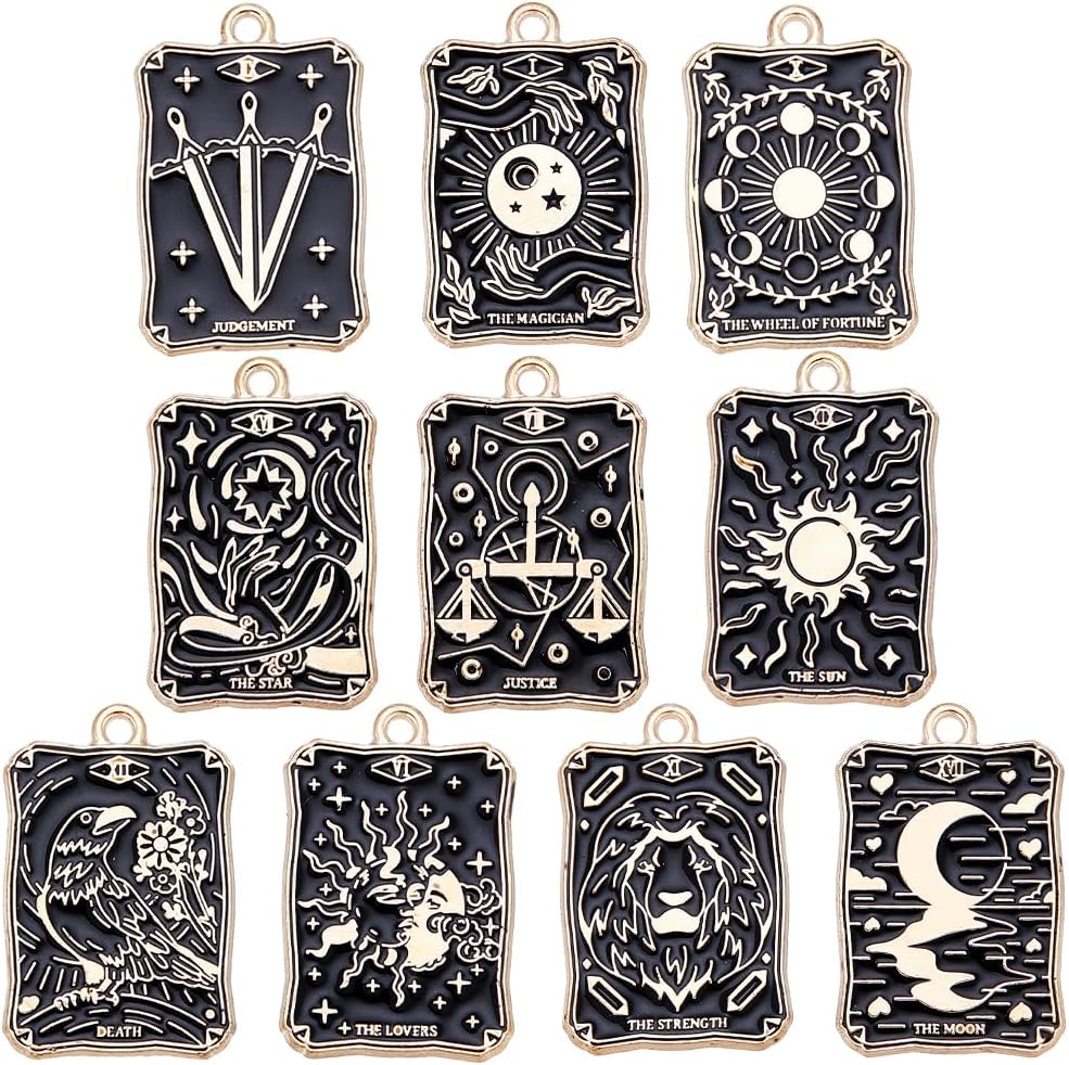 SUNNYCLUE Pack of 20 10 Styles Tarot Charms Bulk Fortune Telling Charms Halloween Gothic Magic Tarot Card Enamel Black Gold Amulet Lucky Charm for Jewellery Making Pendant DIY Earrings Bracelets