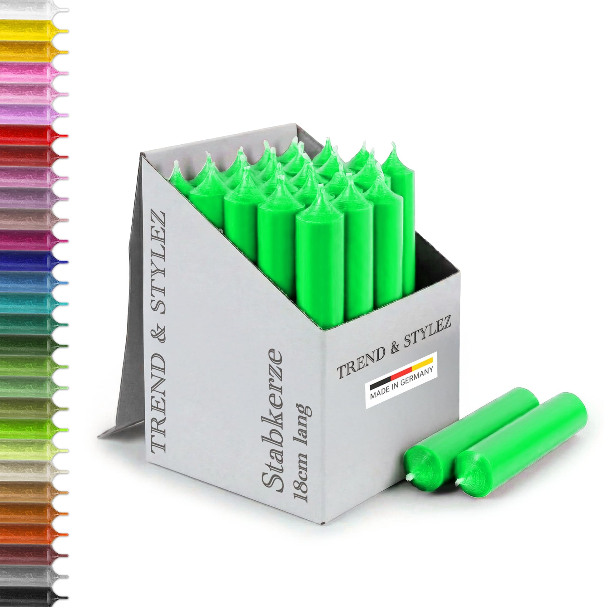 25 Stabkerzen 180mm x 22mm | Durchgefärbte Spitzkerzen | 8+ Stunden Brenndauer | Made in Germany - Ohne Tropfen & Rußen | RAL-Zertifizierte Tafelkerzen unparfümiert (Grün)