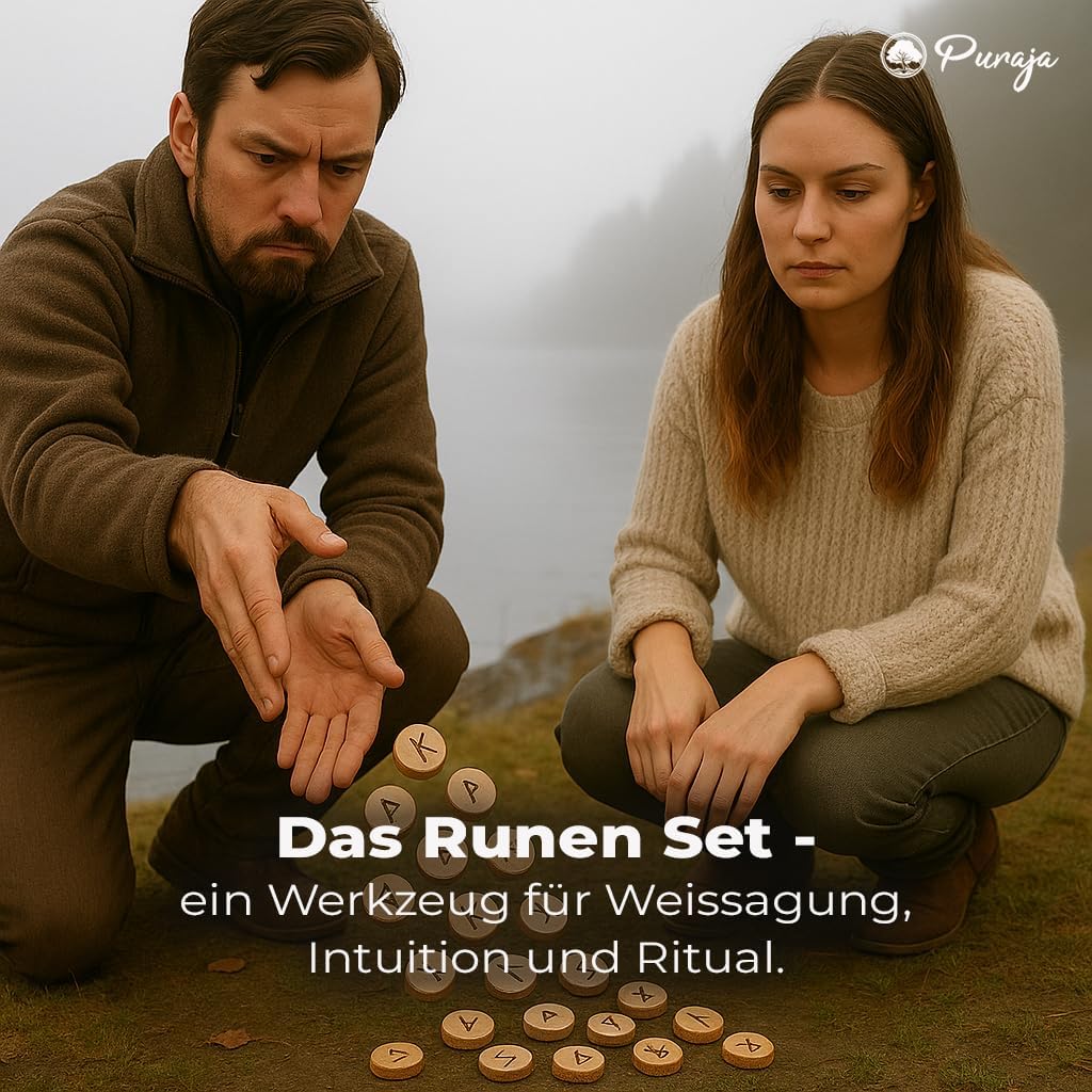 PURAJA Runensteine Set: Holz | Mit Elder Futhark Alphabet | 25 Holz Runensteine im Baumwollsäckchen | Magisches Runen Set