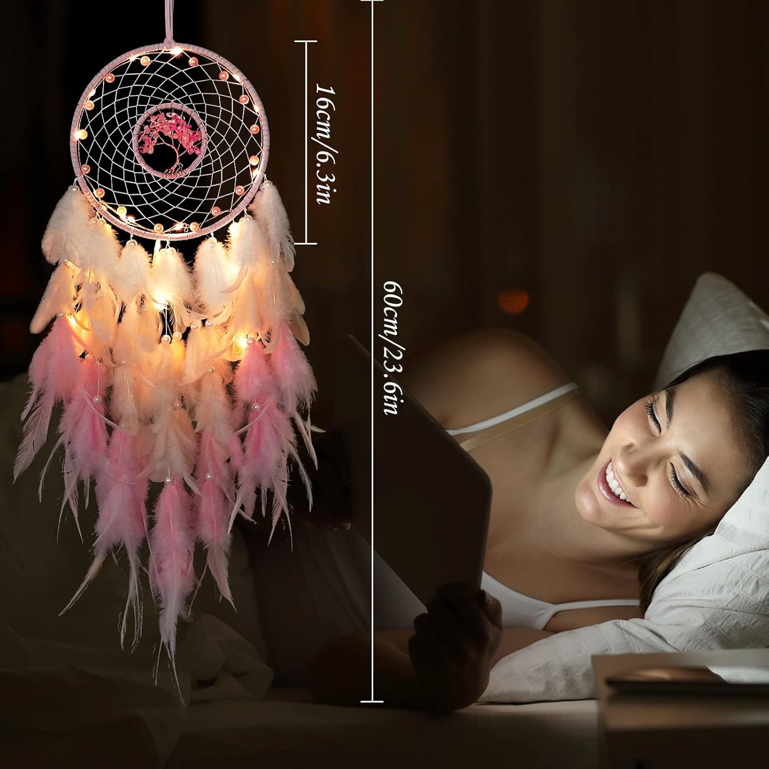 Hongyans Traumfänger mit LED Licht Handgefertigt Dreamcatcher mit Federn Böhmen Dekoration für Schlafzimmer Hochzeit Wandbehang Ornament Mädchen Kinder Geschenk