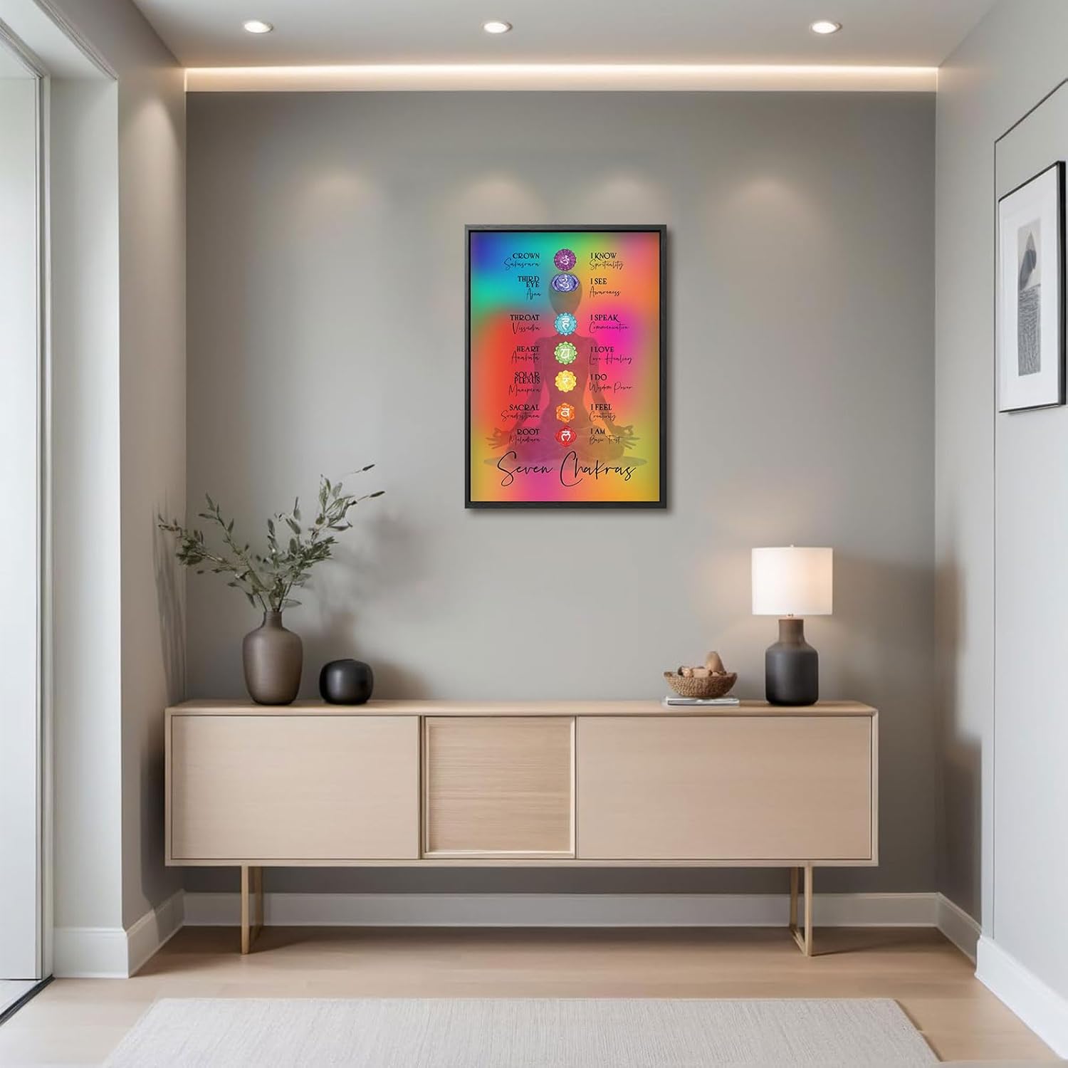 Framed 7 Chakra Chart Yoga Canvas Wall Art Zen Reiki Infographic Energy Healing Wall Decor Picture Spiritual Meditation Poster Print for Yoga Meditation Room Zen Office Home Decoration 12x16in