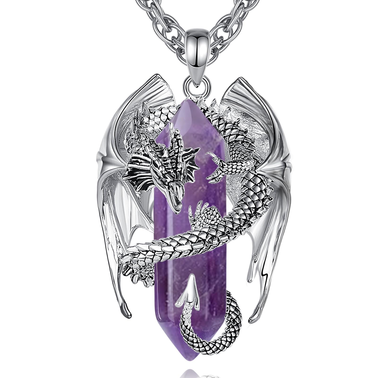 INFUSEU Kristall Drachen Kette, Nordischer Drache Gewickelter Zylinder Edelstein Kristall Anhänger Sechseckiger Heilkristall Anhänger Gothic Naturkristall-Schmuck Geschenk für Männer Frauen
