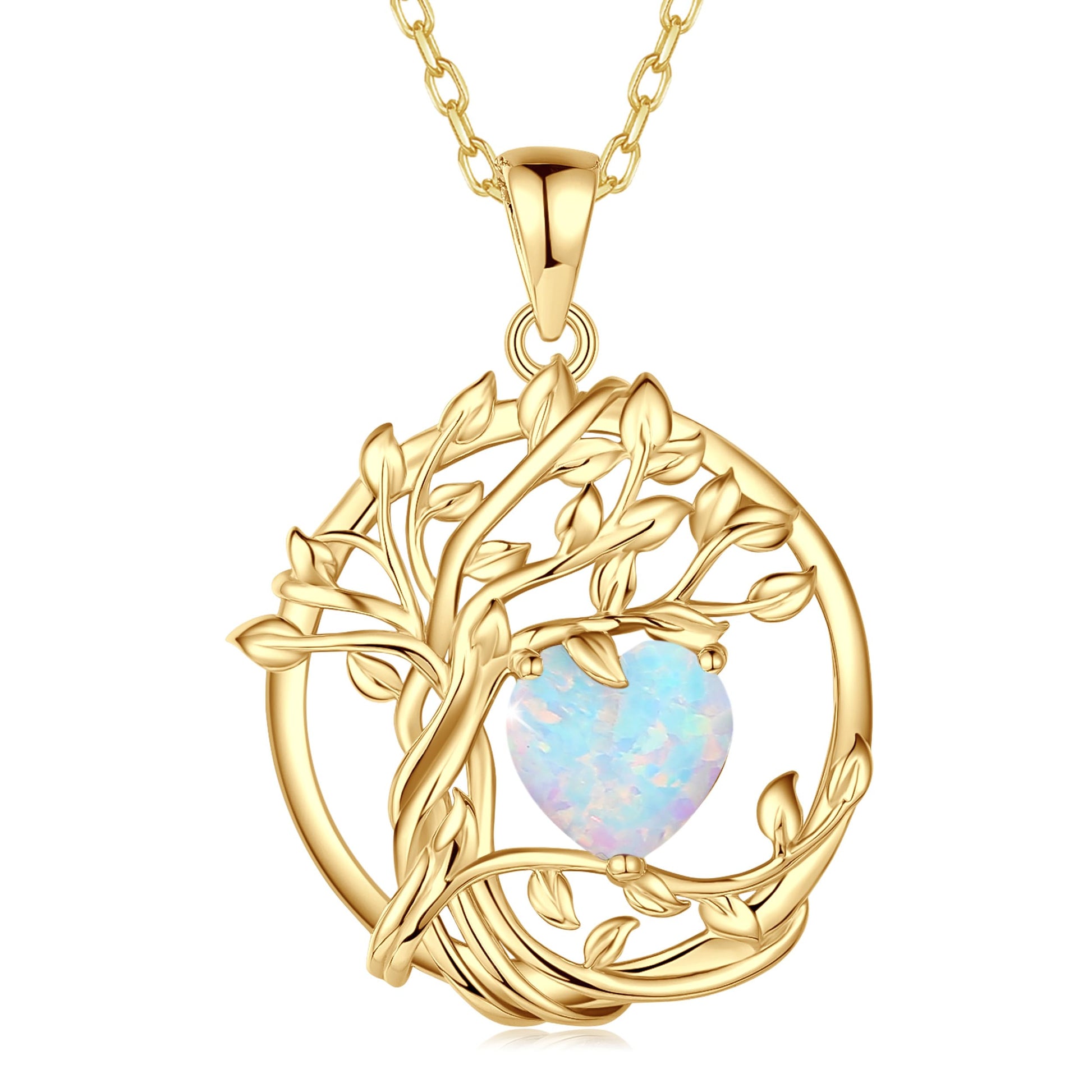 FANCIME Lebensbaum Geburtstein Kette für Damen Gelbgold Vergoldet Baum des Lebens Edelstein Anhänger Halskette Schmuck Geschenke für Damen Frauen Mädchen, Kettenlänge: 40+5 cm