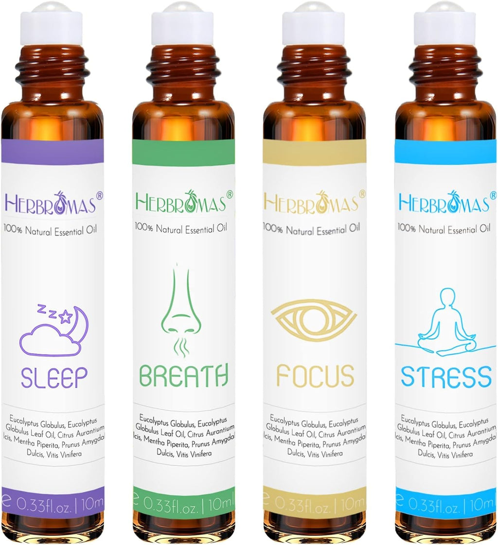 Roll-On-Sets mit ätherischen Ölen für die Aromatherapie, Roll-on-Set mit natürlicher, vorverdünnter ätherischer Ölmischung, für Frauen zur Hautpflege und für den Heimgebrauch, Packung mit 4 x 10 ml