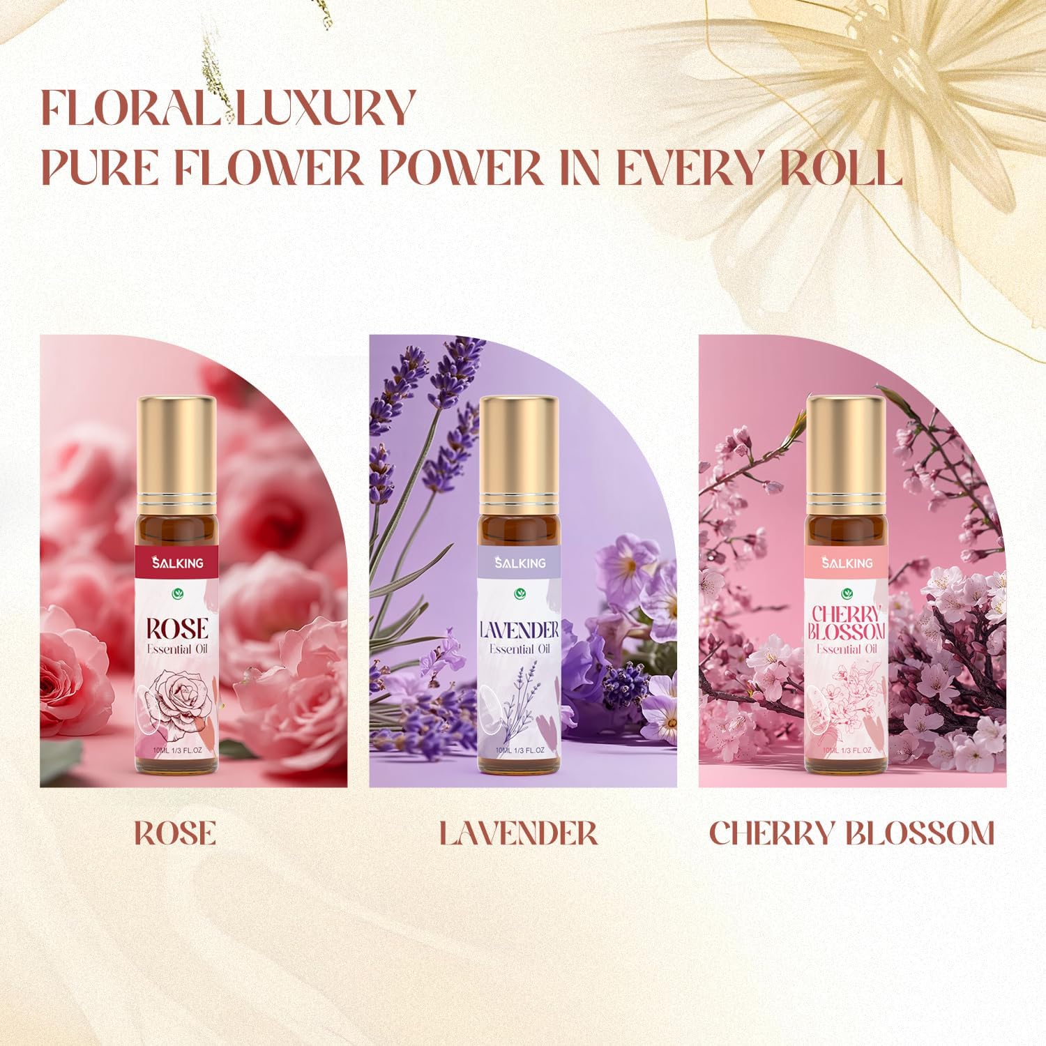 SALKING Aufrollen Ätherische Öle Set, Aromatherapie Blume Roll On Duftöl GeschenkSet, Duftöle für Diffuser Luftbefeuchter,6x10 ml Rose, Lavendel, Kirschblüte, Jasmin, Minze, Rosmarin