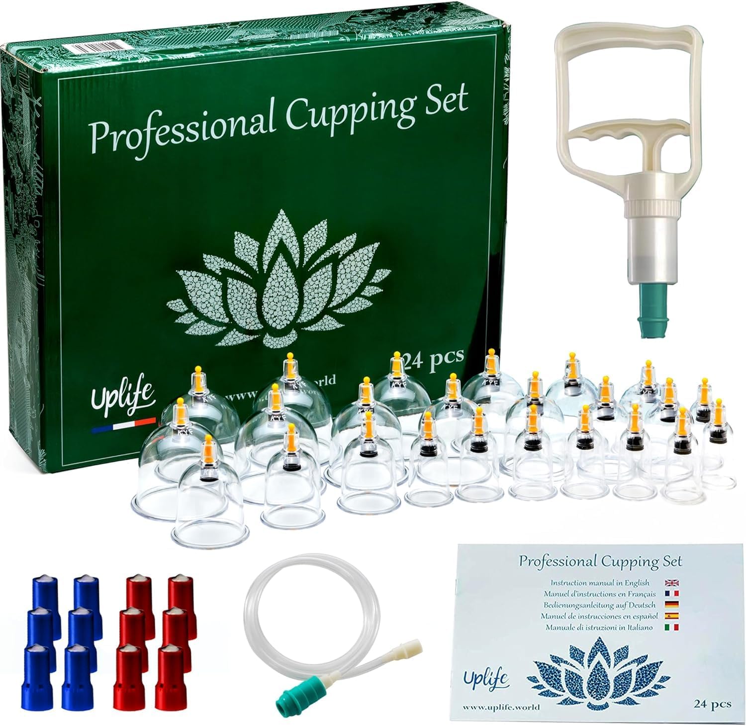 Uplife Schröpfgläser mit Vakuumpumpe - Schröpfset mit 24 Gläsern für Schröpfen & Cupping Therapie - Schröpfgerät & Massage Set Physiotherapie Zubehör - Cupping Set
