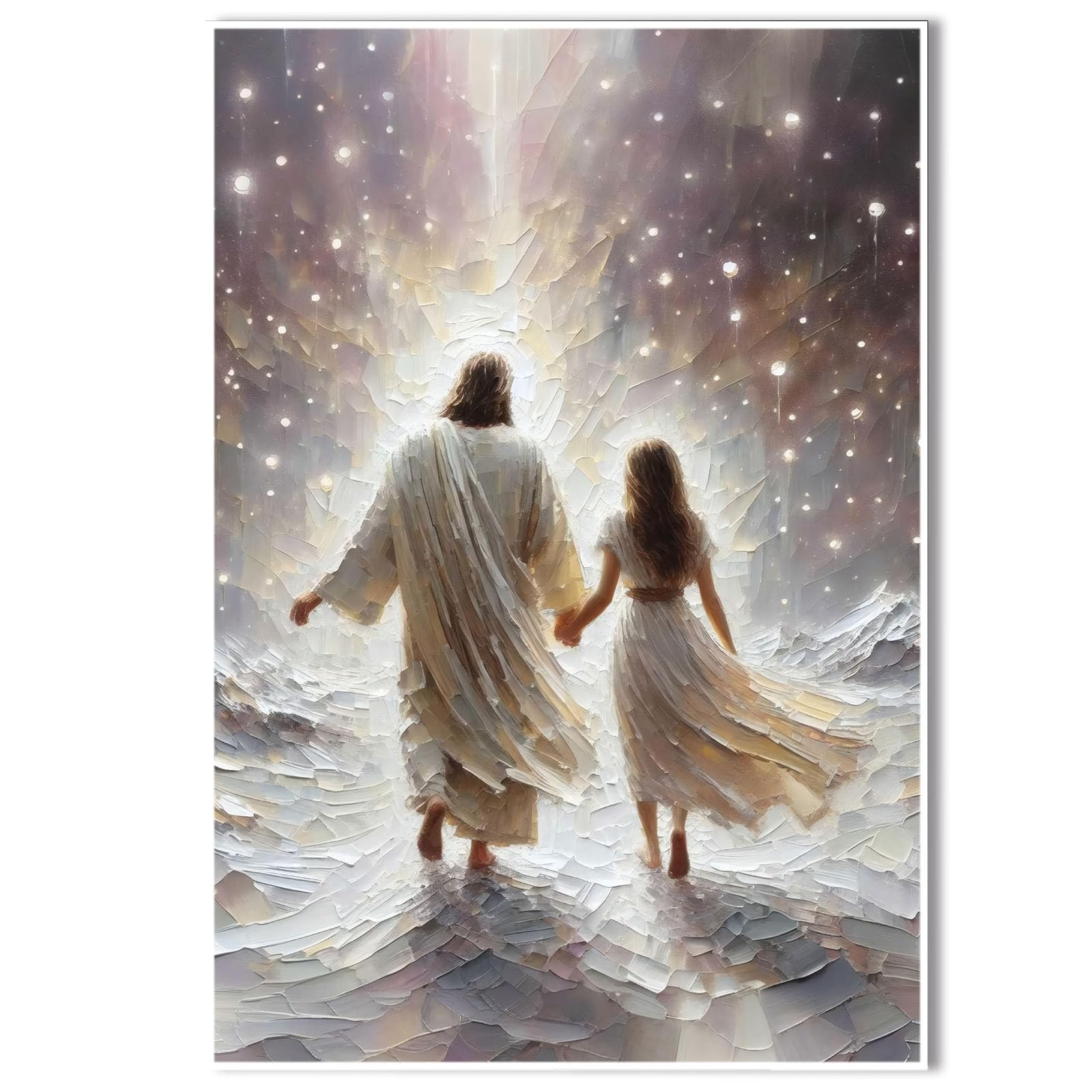 Jesus canvas painting spiritual artwork featuring a girl in a flowing white robe happily playing in a warm field of golden daisies. Adds a vibrant atmosphere to your home's sacred wall decor