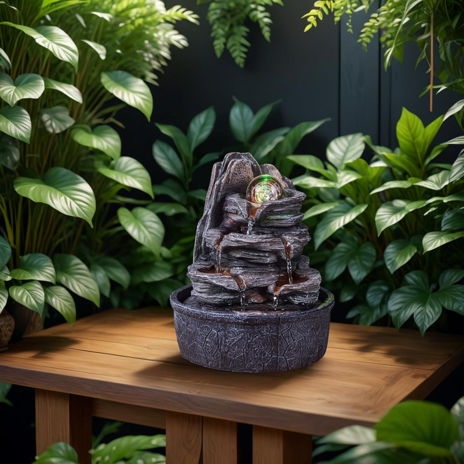 Luberon Zen'Light Indoor Fountain Waterfall Natural Stairs Stone Effect Colourful Light Gift Idea Interior Decoration in Motion Zen Table Fountain Relaxing Lucky Charm Object H 25 cm