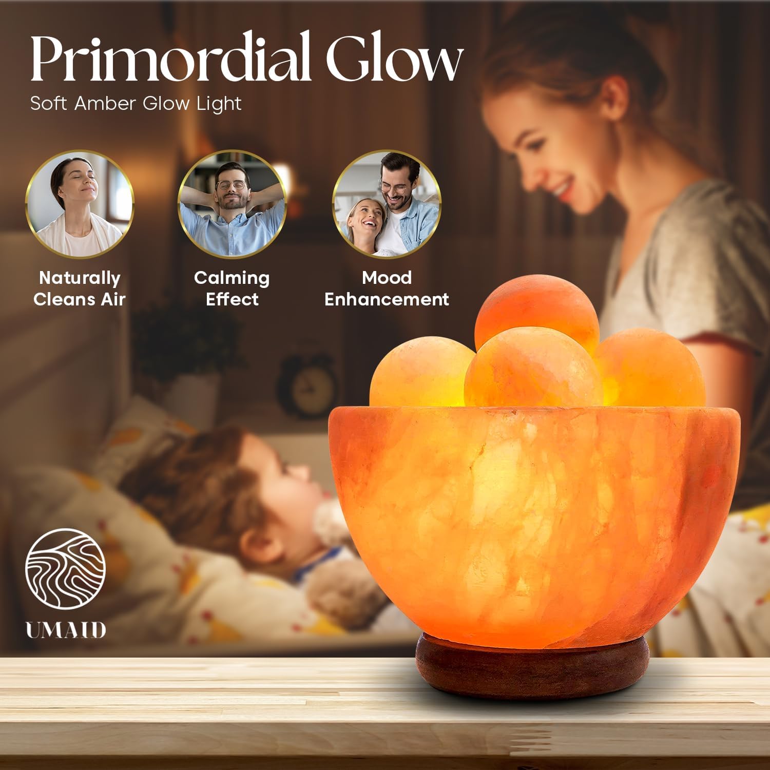 UMAID Himalayan Salt Lamp Bowl with 6 Himalayan Salt Massage Stones, Dimmable Pink Rock Salt Lamp for Bedroom, Office Desk & Meditation Room, Spa Decor, Relaxation Home Decor Gifts for Men & Women