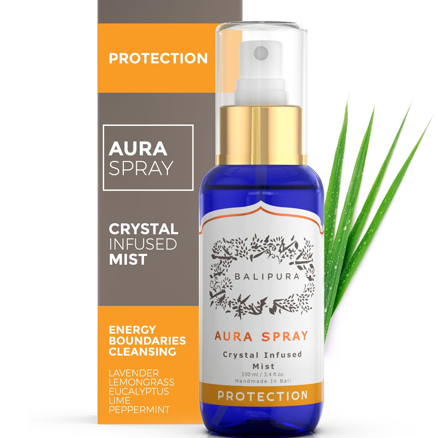 BALIPURA - Healing Crystals Auric Mixtures of Essential Oils of Lavender and Lemongrass, Black Tourmaline, Smoky Quartz and Citrine. "Protection" Aura Mist Handmade in Bali, 100 ml