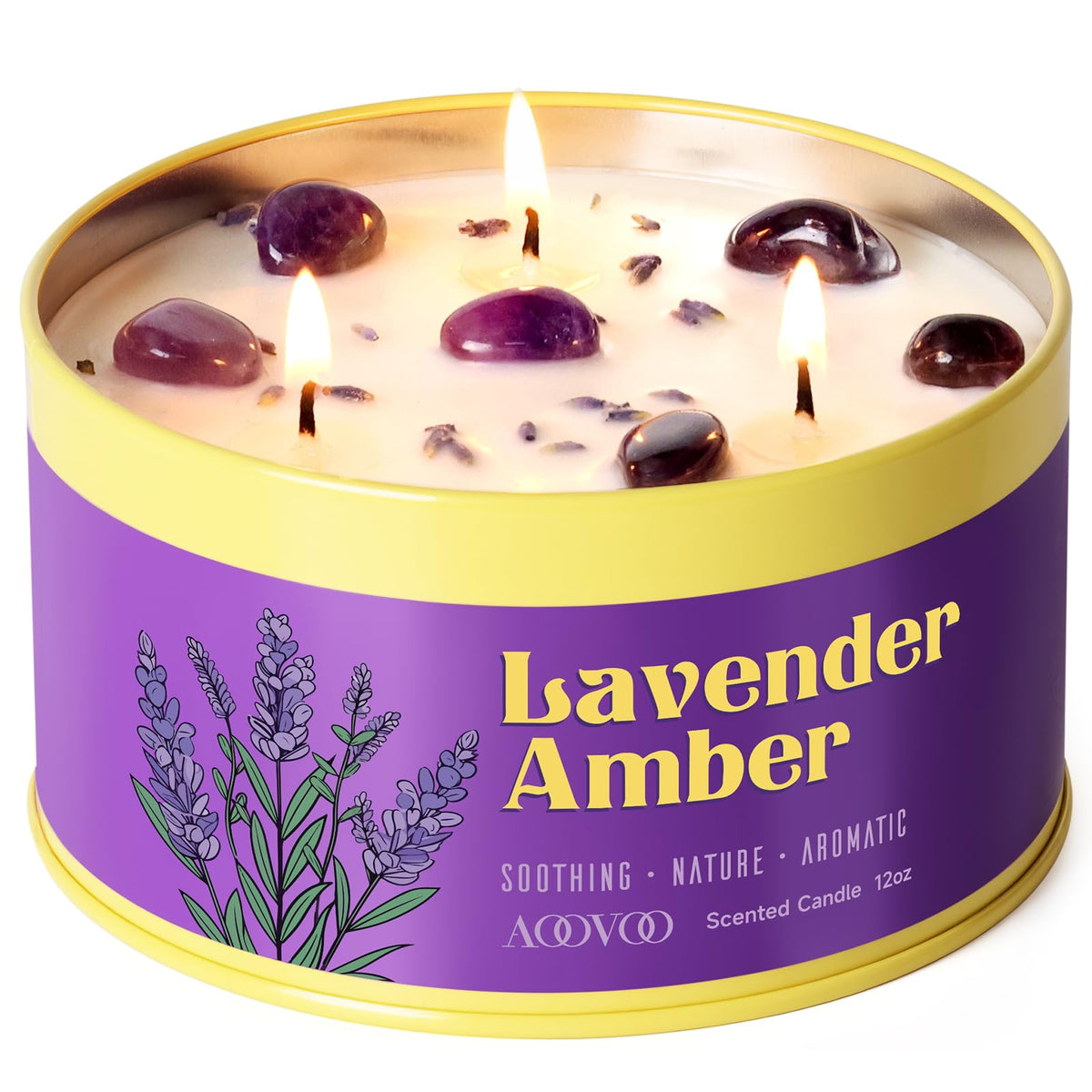 AOOVOO Sage Candle for Cleansing - 3 Wick 12oz Large Scented Candle with Crystals & Sage Leaves Inside, Soy Candles Non Toxic for Meditation Spiritual Gift, Aromatherapy Candle for Women Men
