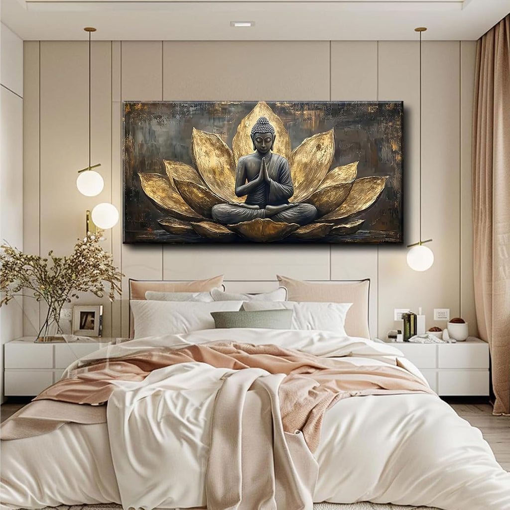 Large Buddha Lotus Canvas Wall Art Abstract Gold and Grey Zen Buddhism Decor painting Pictures Modern Serene Meditation Posters Prints for living room Bedroom Office Hallway Home Decoration