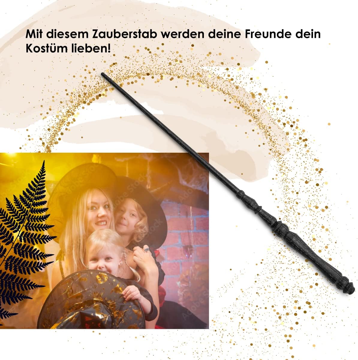 WALDUNIKAT® Zauberstab aus Holz – Made in Germany – Spielzeug, Geburtstags-Geschenk, Deko, Kostüm für Erwachsene, Kinder, Damen, Herren, Mädchen (No. 1 - Schwarz-Glitzer)