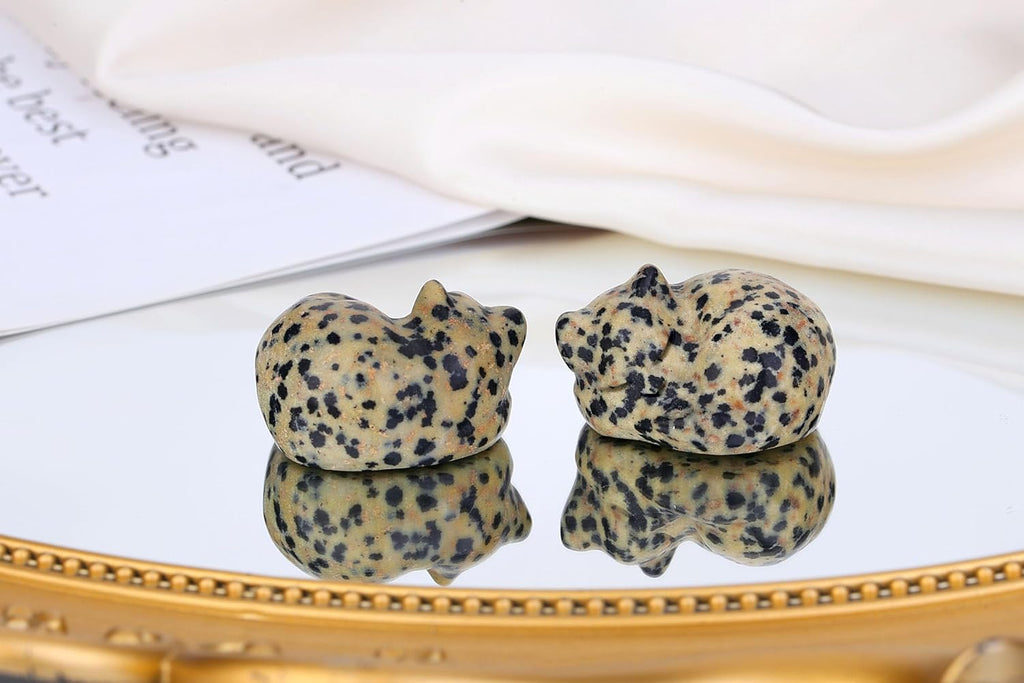 QINJIEJIE Dalmatian Jasper Cat Crystals Figurine Sleeping Cat Figure Statue Gemstones Sculpture Lucky Kitten Cute Decoration Men Women
