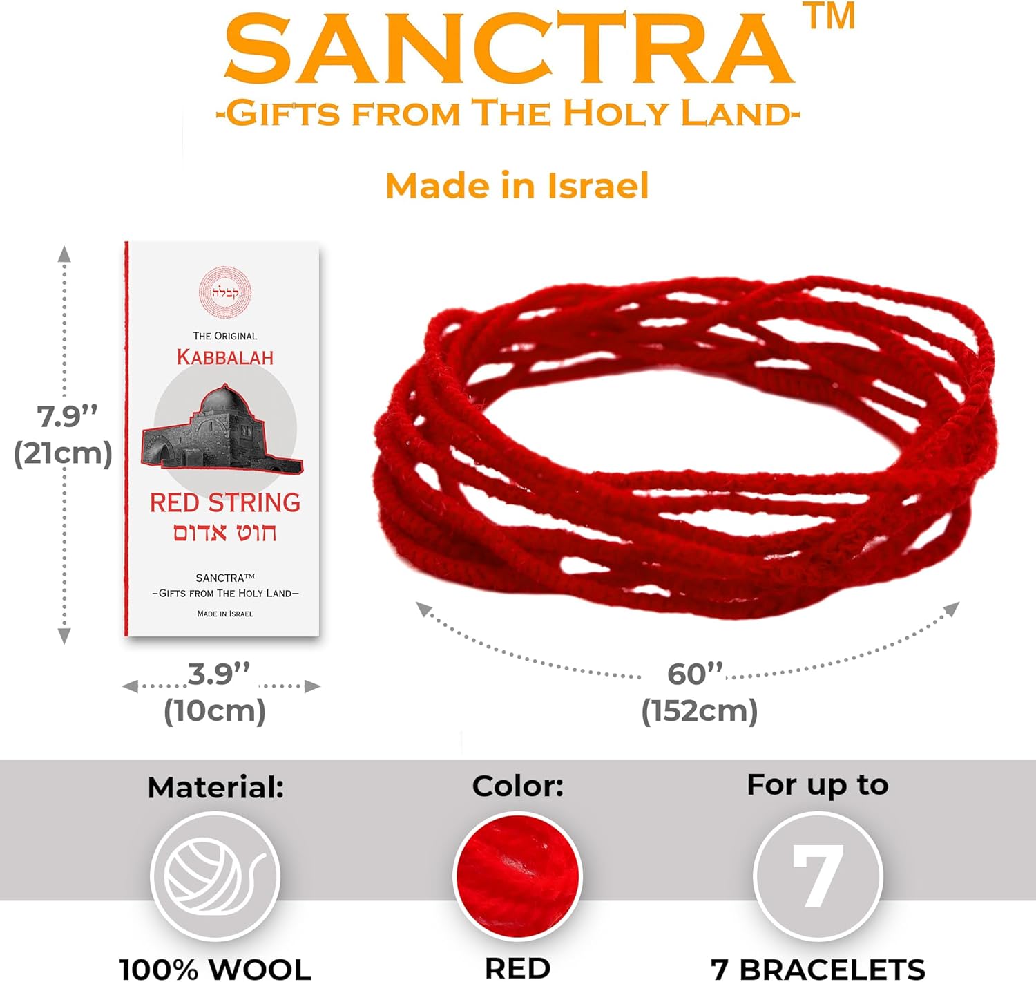 The Original Kabbalah Red Thread Handmade and Blessed in the Holy Land 100% Wool 5ft Long Holds up to 7 Protective Bracelets Includes Prayer, Instructions and Certificate of Authenticity