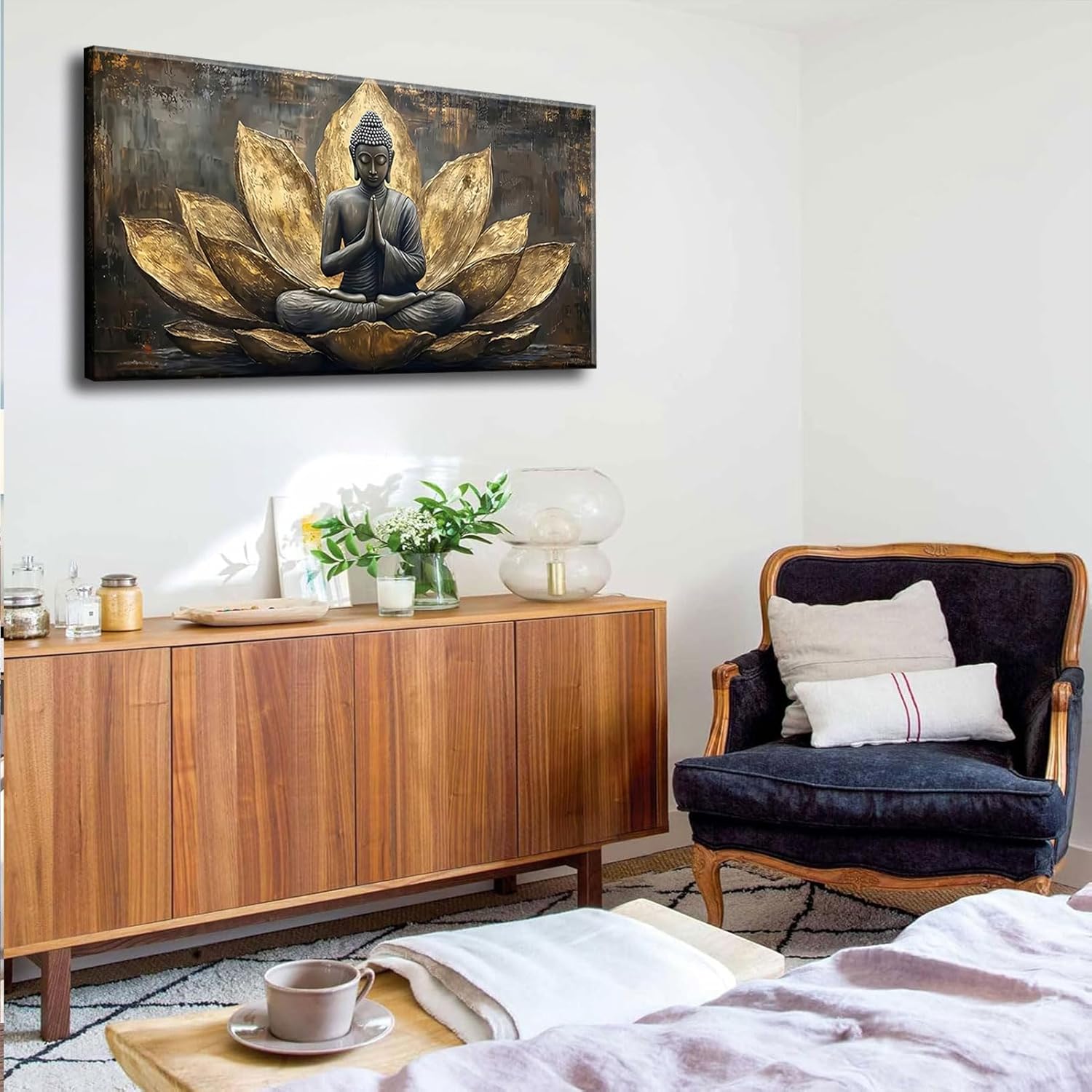 Large Buddha Lotus Canvas Wall Art Abstract Gold and Grey Zen Buddhism Decor painting Pictures Modern Serene Meditation Posters Prints for living room Bedroom Office Hallway Home Decoration