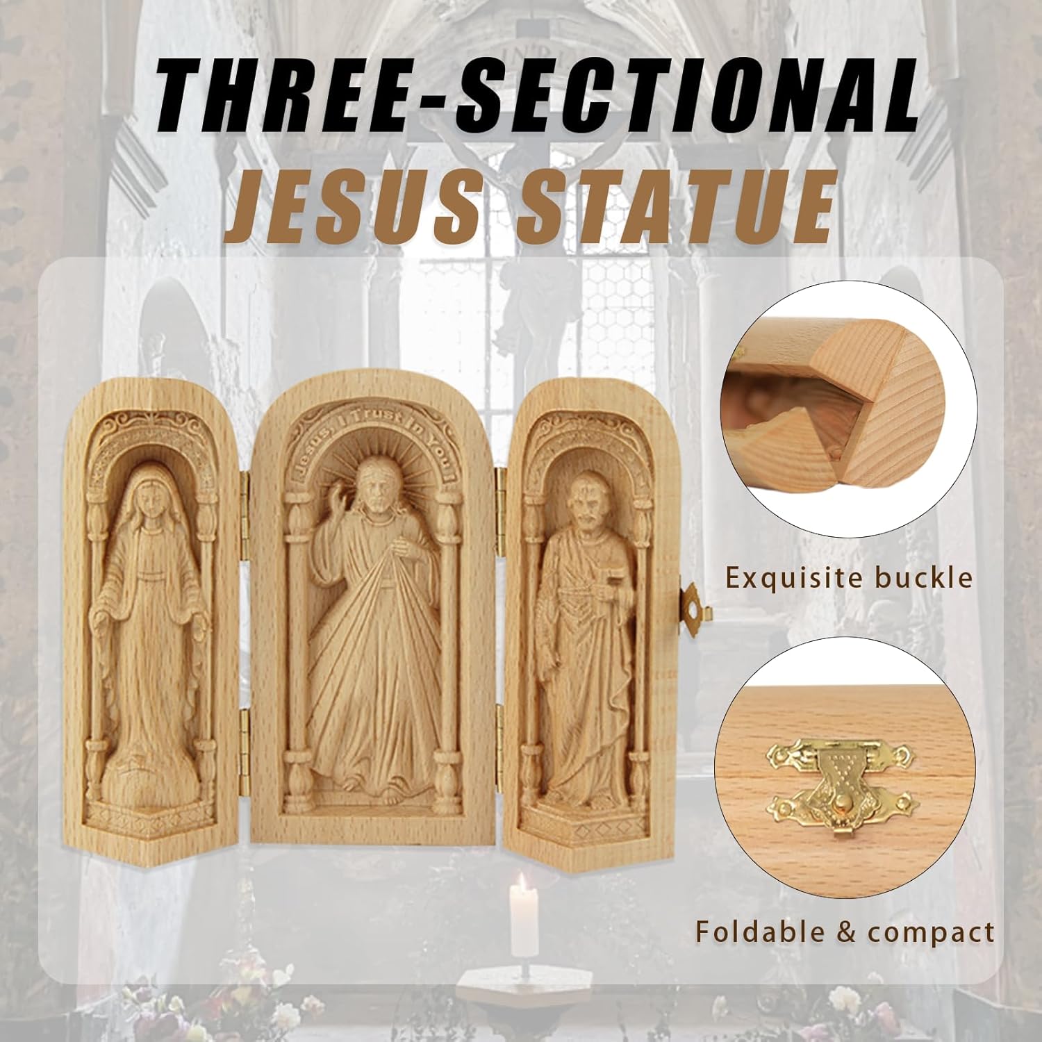 Small Travel Altar Wooden Portable Church Jesus Mother of God and Joseph Triptych Statue Religious Gifts