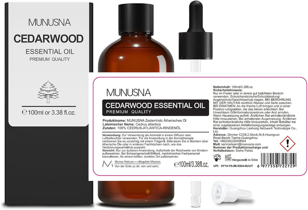 Zedernholzöl 100ML, MUNUSNA Ätherisches Öl Zedernholz Reines Natürlichs, Ätherische Öle Zeder für Glattes Haar, Duftöl Zedernöl für Diffuser, Seife, Kerzen, Cedarwood Oil