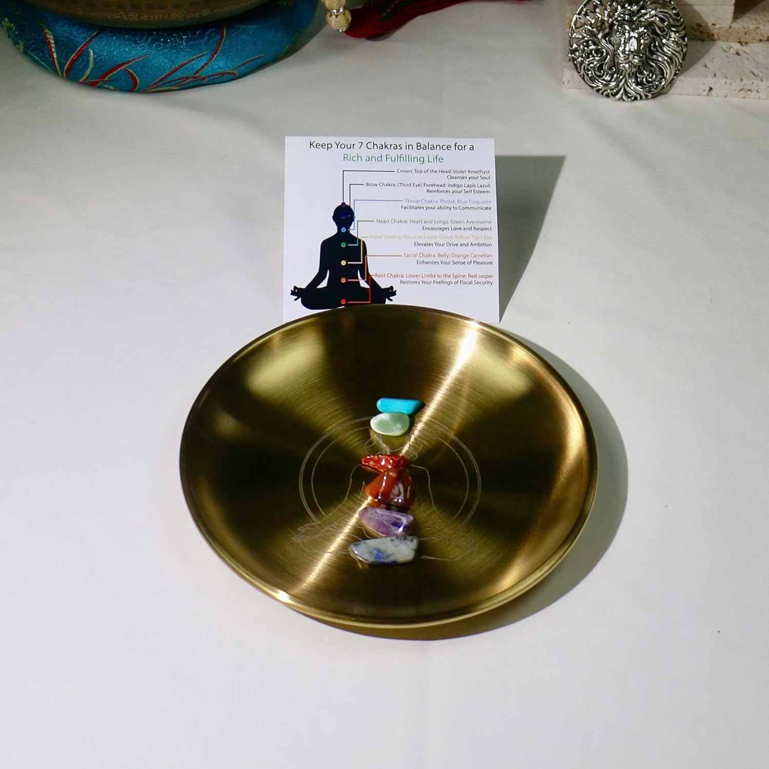 Amitofo Golden Prayer Ritual Bowl with Chakra Gemstone Ideal for Altar, Meditation, Incense Sticks, Smudging, Candles, Crystal, Jewelry, Yoga (Chakra)