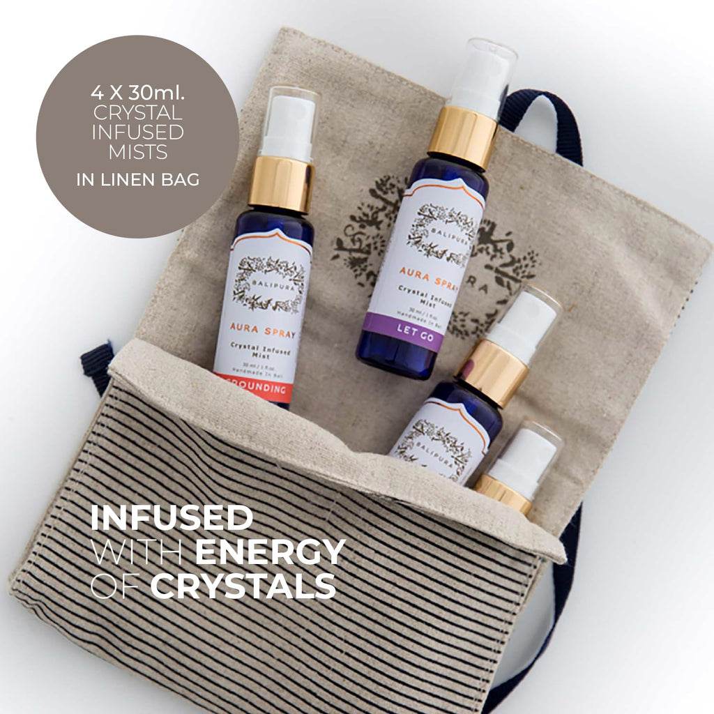 BALIPURA - Aura Healing Spray Mist - Enriched with Healing Crystals and Organic Essential Oils - Gift Set with Canvas Bag 4 x 30ml