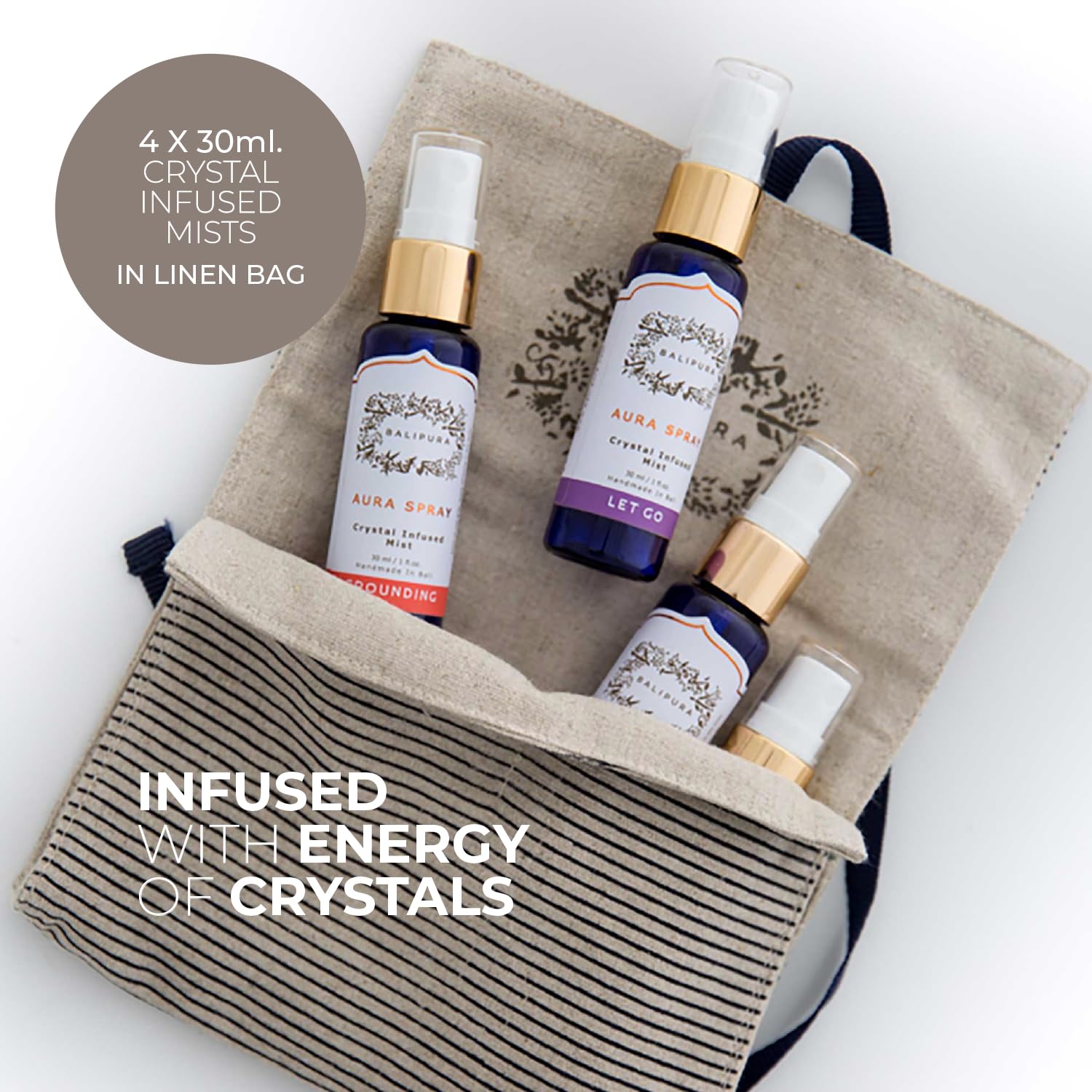 BALIPURA - Aura Healing Spray Mist - Enriched with Healing Crystals and Organic Essential Oils - Gift Set with Canvas Bag 4 x 30ml