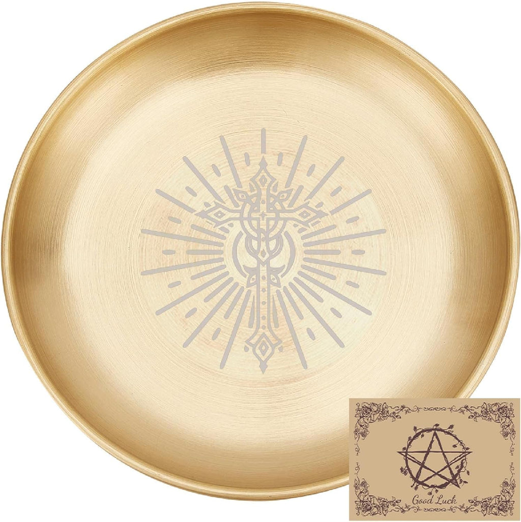 CREATCABIN Kreuz Opferschale Altar Ritualplatte Edelstahl Goldene Kristall Aufbewahrung Flache Schale Rundes Tablett Gebetsschale Kerzenhalter Schmuckschale Zum Räuchern Räuchergefäß 14x14cm