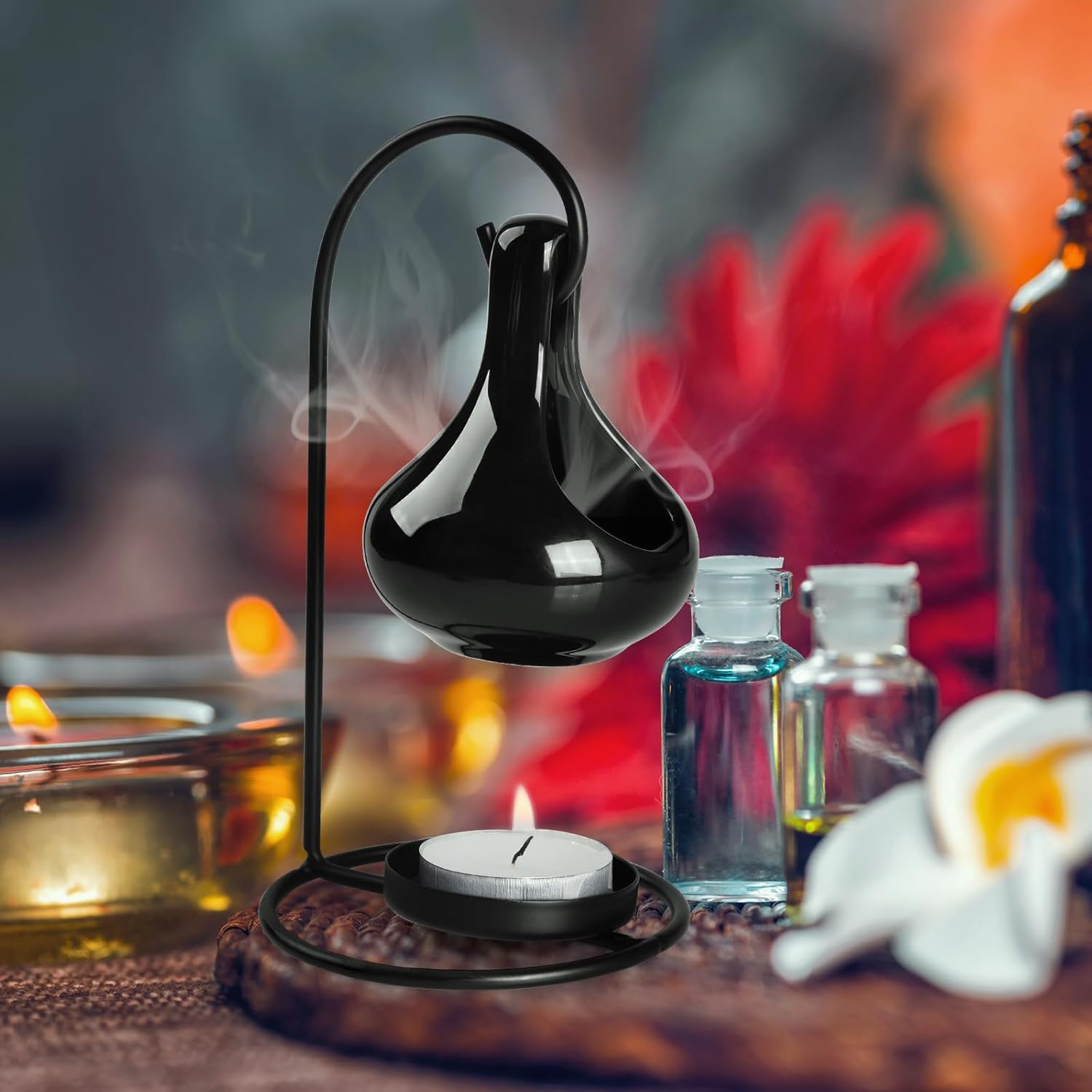 WD&CD Ceramic Oil Burner, Aroma Lamp, Tea Light Holder with Candle Spoon, Aroma Diffuser, Black