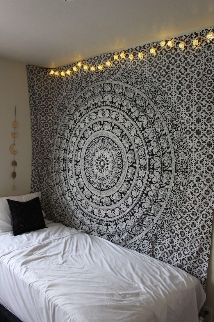 RAJRANG Mandala Wandteppich Schwarz Weiß 213 x 137 cm Baumwolle Boho Böhmischer Wandbehang für Wohnzimmer Dekor