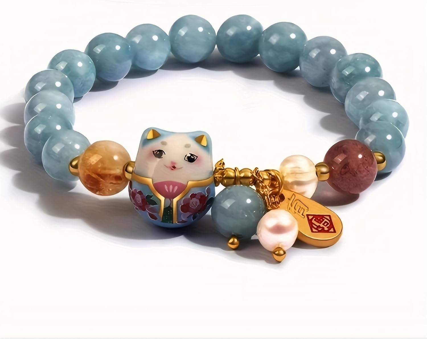 Damen Armband mit Glückskatze Anhänger, Blau Kristall Perlen, Keramik Katze Schmuck, Feng Shui Schutzarmband für Wohlstand & Energie