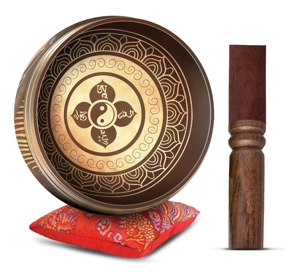 Premium Tibetan Singing Bowl Set – Handmade in Nepal Sound & Meditation Bowl – Spiritual Decor for Yoga, Wellness Spaces & Relaxation by Himalayan Bazaar (Brown & Red)