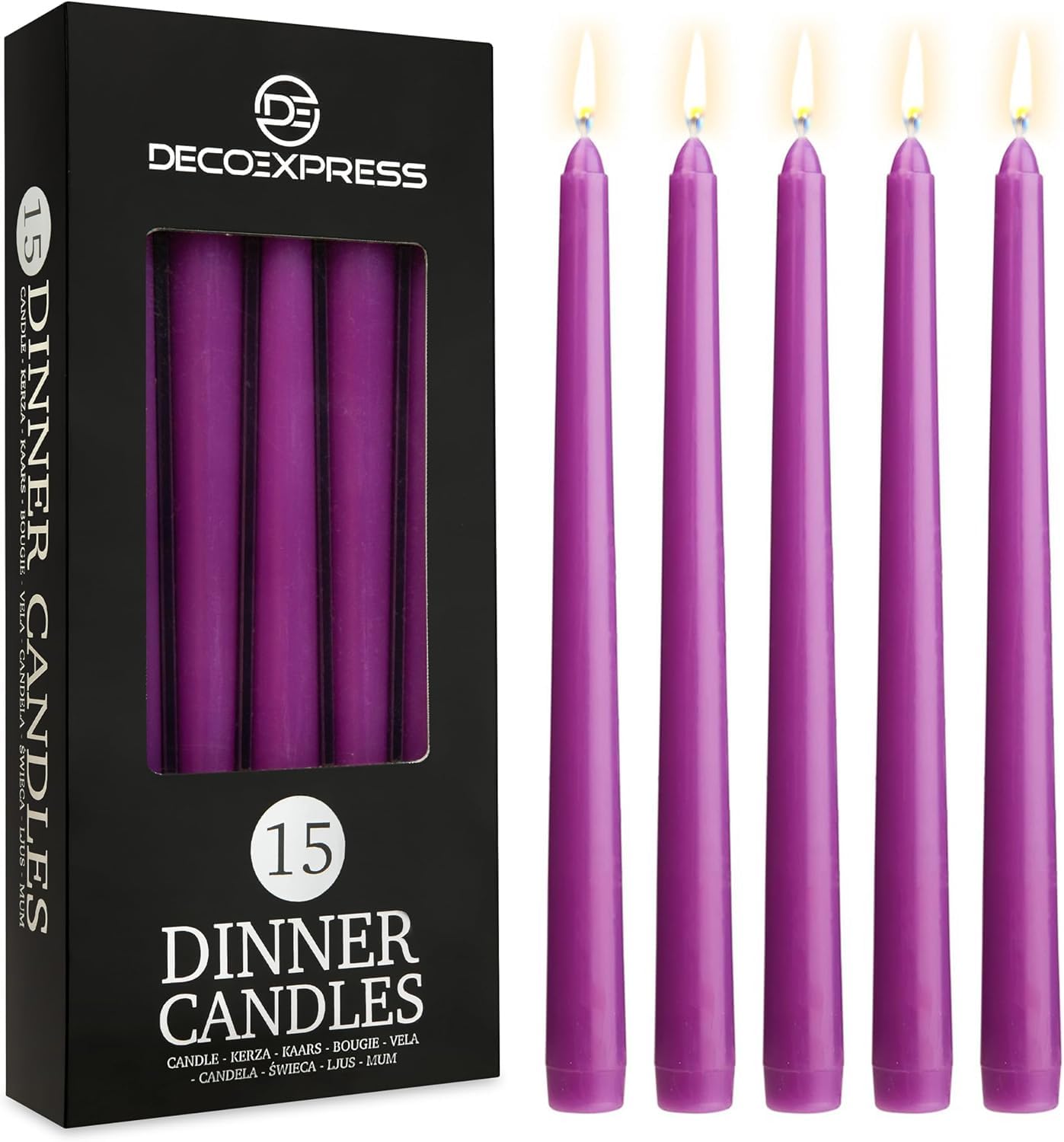 DECO EXPRESS Taper Candles Set of 6, 10, 15 or 50, Long Burning Time up to 8 Hours, Odourless (Purple, Set of 15)