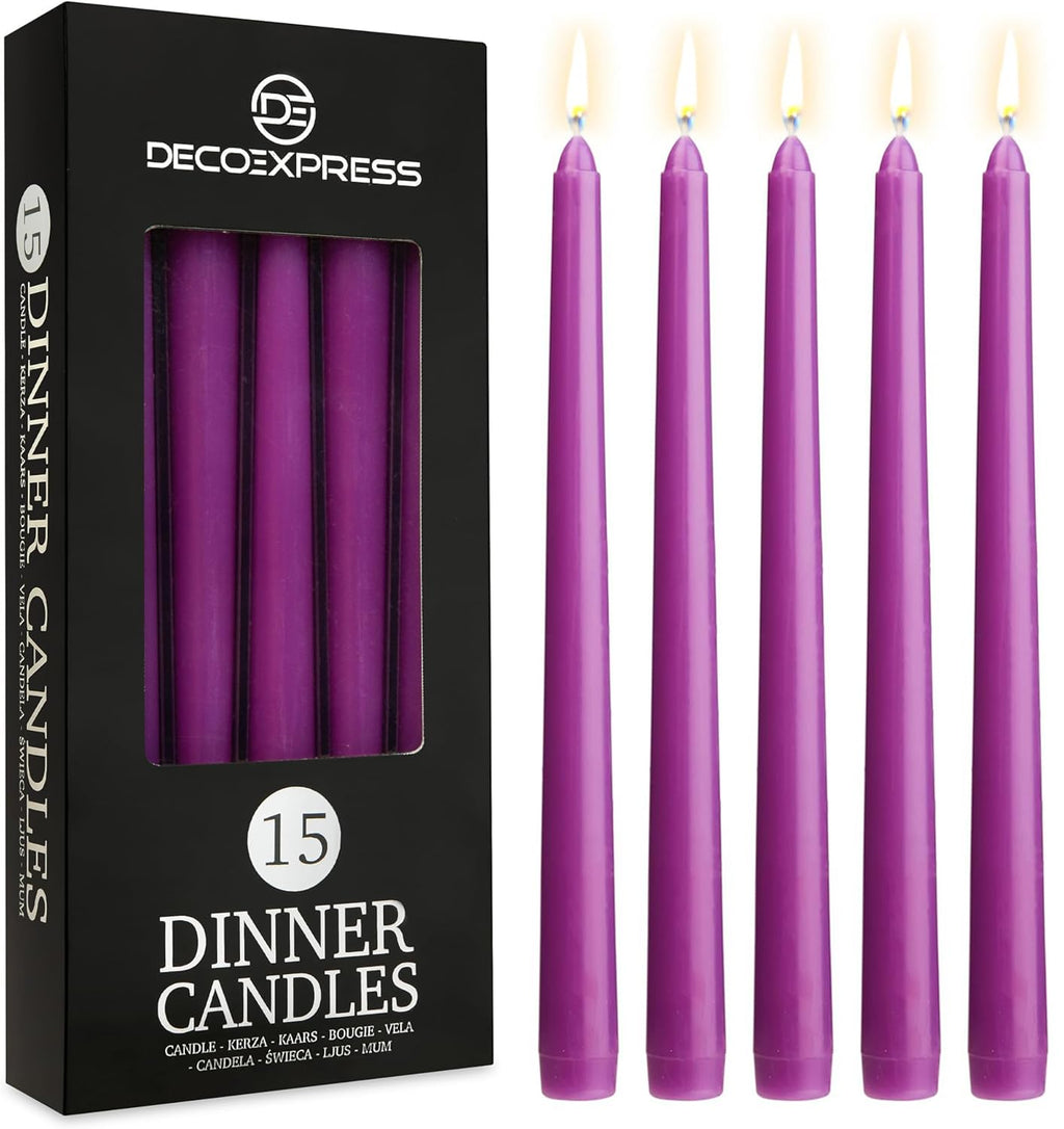 DECO EXPRESS Taper Candles Set of 6, 10, 15 or 50, Long Burning Time up to 8 Hours, Odourless (Silver, Set of 15)
