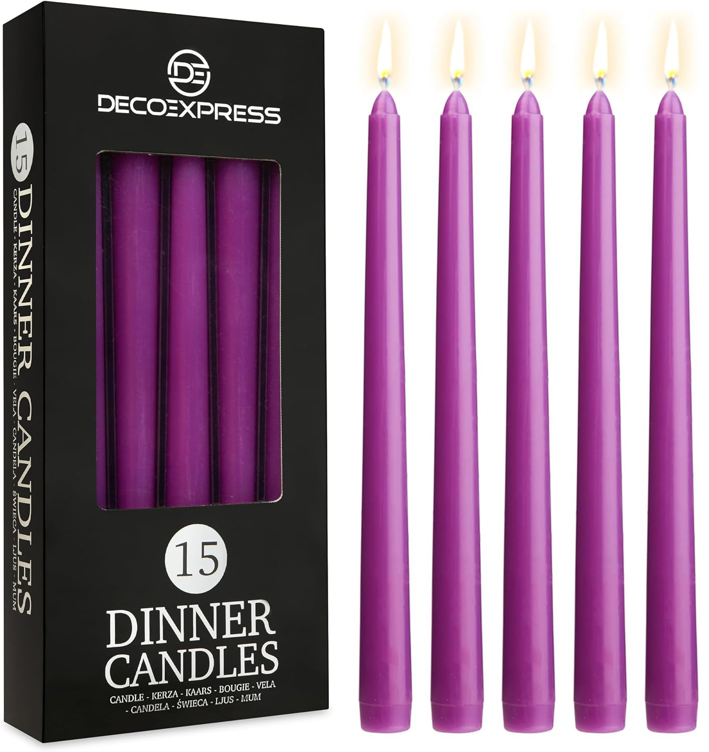 DECO EXPRESS Taper Candles Set of 6, 10, 15 or 50, Long Burning Time up to 8 Hours, Odourless (Silver, Set of 15)