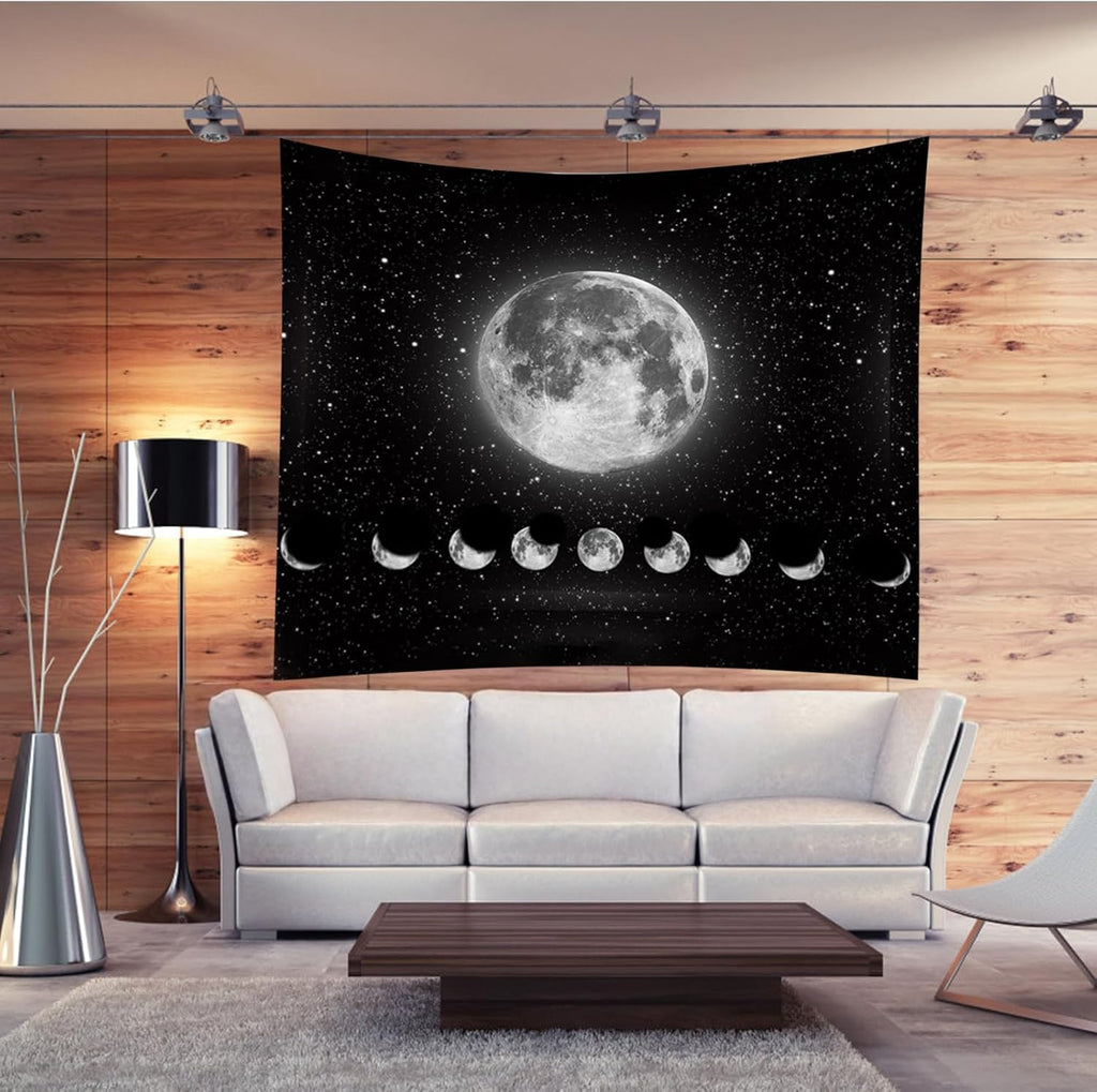 Wandteppich Mondphasen, Schwarz-Weiß-Sonne-Mond-Tapisserie Wandbehang, Mond Wanddeko, Gothic Trippy Tapestry Wandteppiche, Wandtuch Wandbehang Boho Wand Deko, für Schlafzimmer Wohnzimmer(200x150cm)