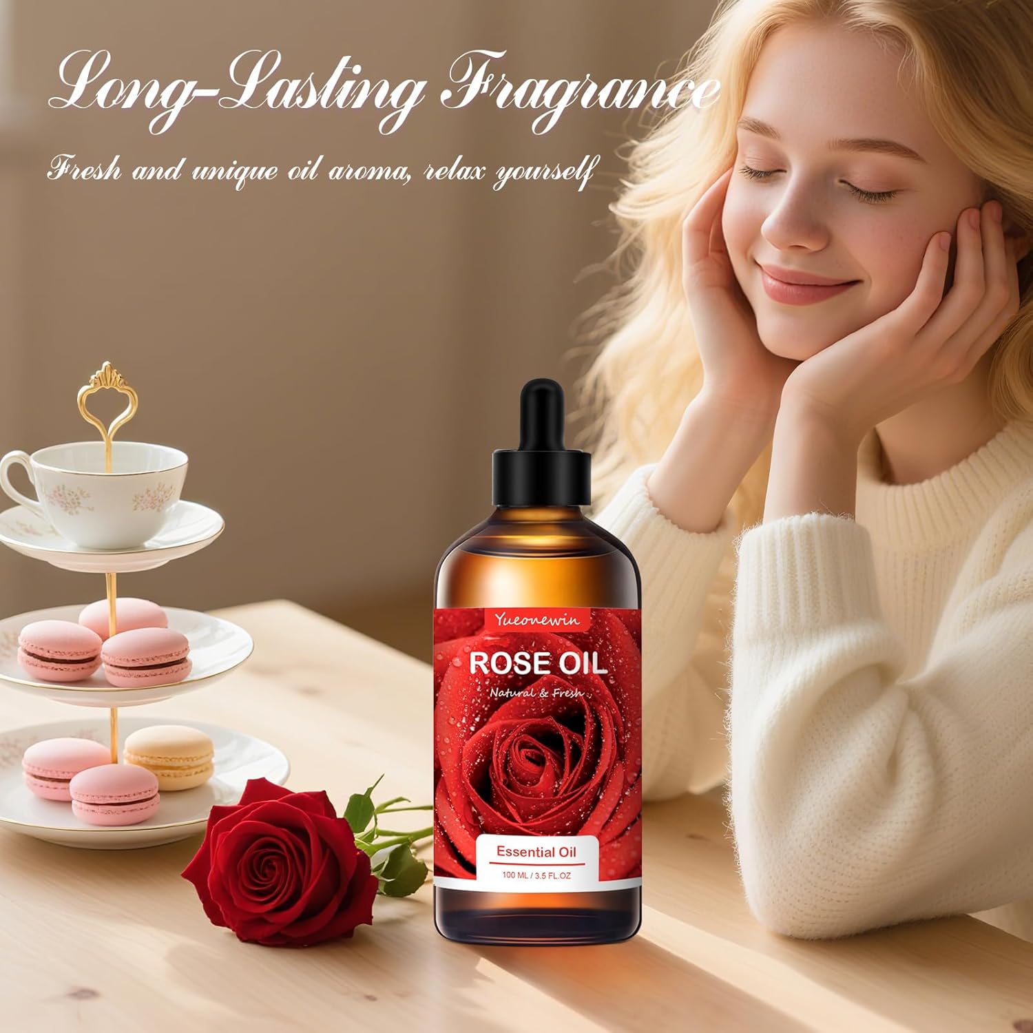 Rose Oil 100 ml, Pure Rose Essential Oils for Diffuser, Rose Oil Essential Oil Aromatherapy Fragrance Oil for Massage, DIY, Soap, Candle Making, Bath Relaxation, Gifts for Women Christmas